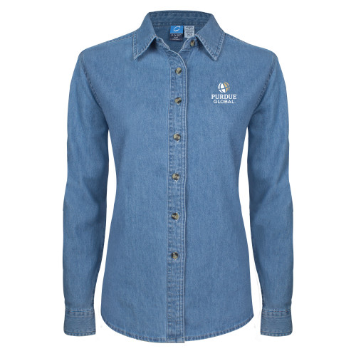  Womens Denim Long Sleeve Shirt - Purdue Global Primary Mark - Vertical