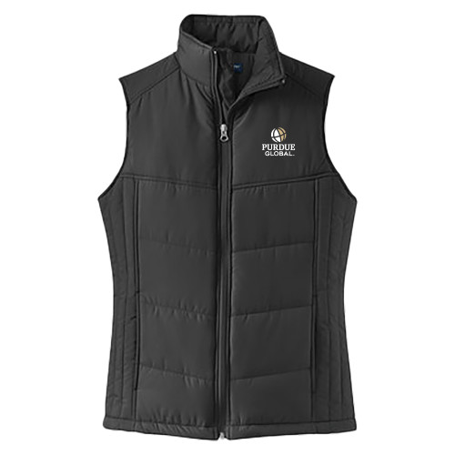  Womens Black Puffer Vest - Purdue Global Primary Mark - Vertical