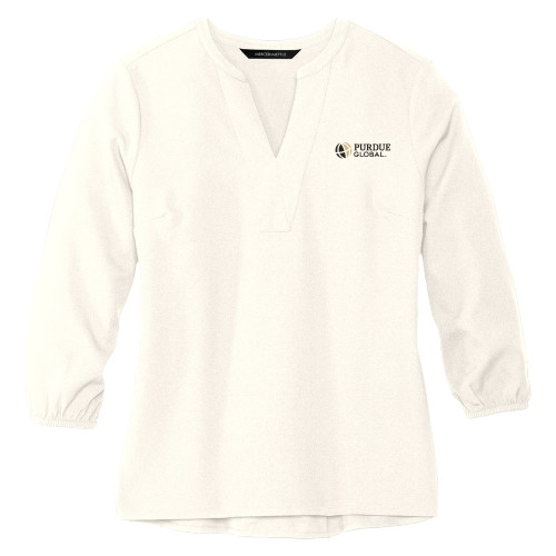  Mercer + Mettle Womens Ivory 3/4 Sleeve Crepe Blouse - Purdue Global Primary Mark - Horizontal