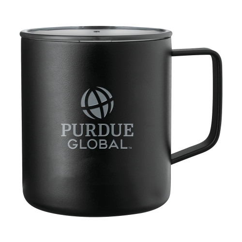  Rover Camp Vacuum Insulated Black Mug 14oz - Purdue Global Primary Mark - Vertical Engraved