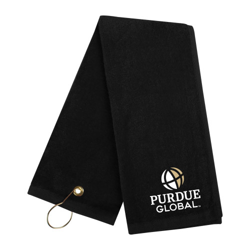  Black Golf Towel - Purdue Global Primary Mark - Vertical