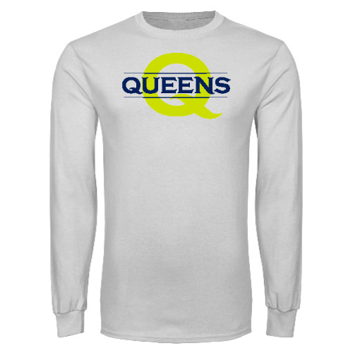  White Long Sleeve T Shirt - Queens Neon Q Wordmark