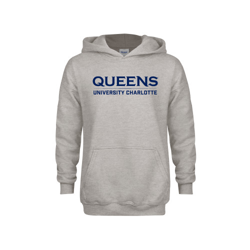  Youth Grey Fleece Hood - Queens University Charlotte Athletic Wordmark
