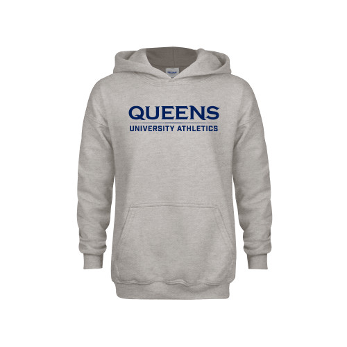  Youth Grey Fleece Hood - Queens University Athletics Wordmark