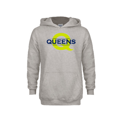  Youth Grey Fleece Hood - Queens Neon Q Wordmark