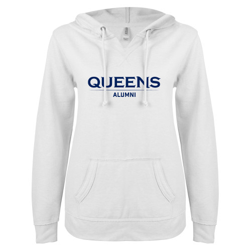  ENZA Womens White V Notch Raw Edge Fleece Hoodie - Queens - Alumni