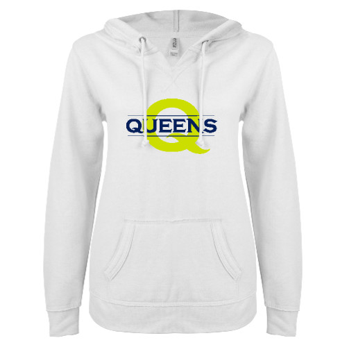  ENZA Womens White V Notch Raw Edge Fleece Hoodie - Queens Neon Q Wordmark