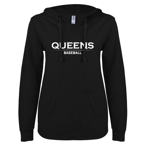  ENZA Womens Black V Notch Raw Edge Fleece Hoodie - Queens -  Baseball