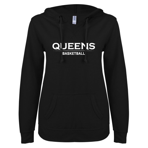  ENZA Womens Black V Notch Raw Edge Fleece Hoodie - Queens -  Basketball
