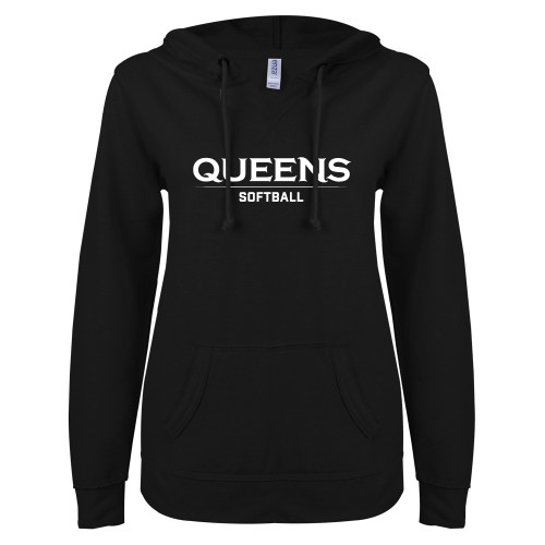  ENZA Womens Black V Notch Raw Edge Fleece Hoodie - Queens -  Softball