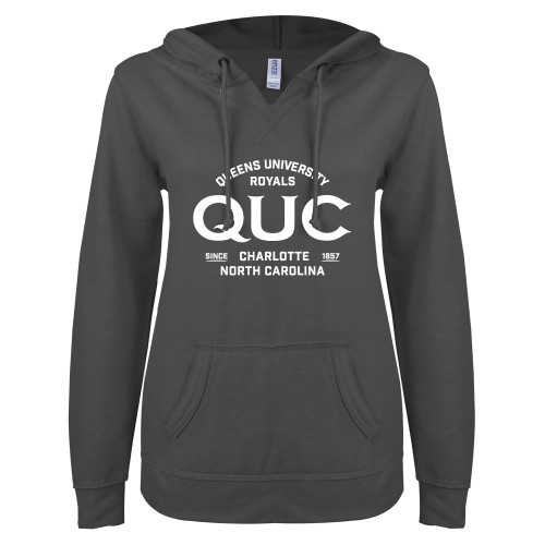  ENZA Womens Dark Heather V Notch Raw Edge Fleece Hoodie - QUC Established Date