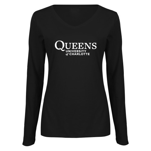  Womens Black Long Sleeve V Neck Tee  - Queens University Charlotte Wordmark Local