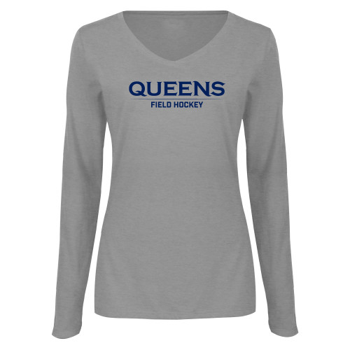  Womens Grey Long Sleeve V Neck Tee  - Queens -  Field Hockey