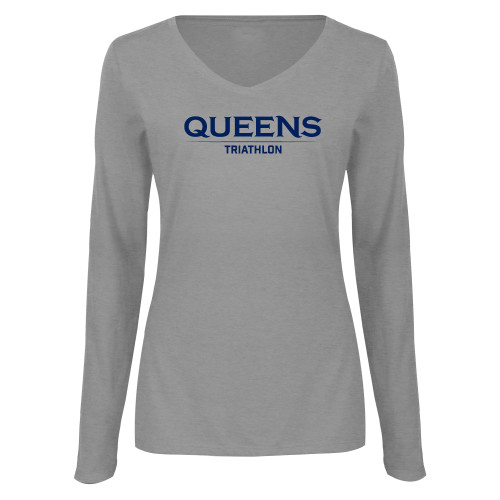  Womens Grey Long Sleeve V Neck Tee  - Queens -  Triathlon