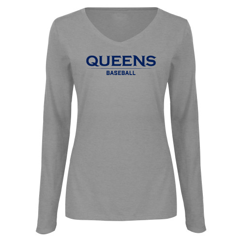  Womens Grey Long Sleeve V Neck Tee  - Queens -  Baseball