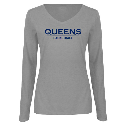  Womens Grey Long Sleeve V Neck Tee  - Queens -  Basketball