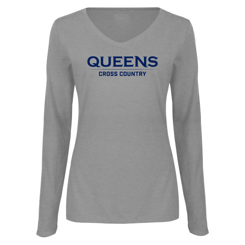  Womens Grey Long Sleeve V Neck Tee  - Queens -  Cross Country