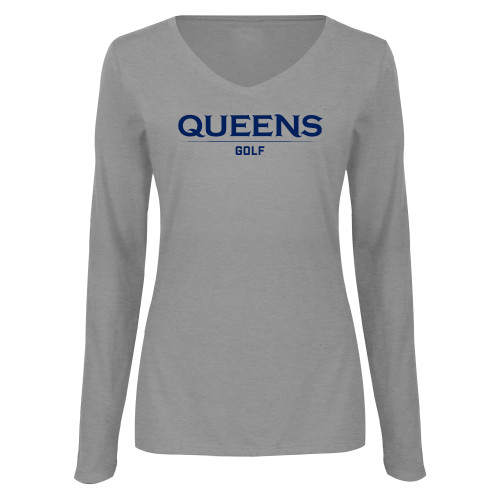  Womens Grey Long Sleeve V Neck Tee  - Queens -  Golf