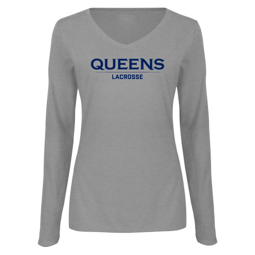  Womens Grey Long Sleeve V Neck Tee  - Queens -  Lacrosse