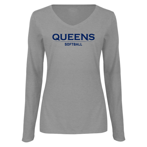  Womens Grey Long Sleeve V Neck Tee  - Queens -  Softball