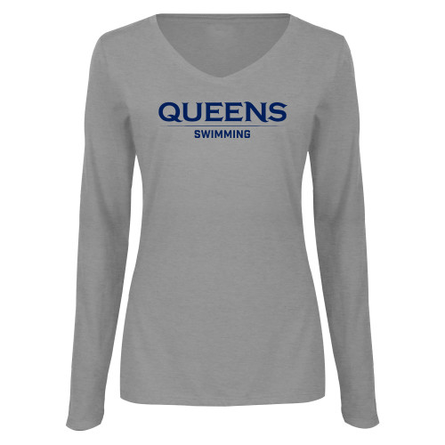  Womens Grey Long Sleeve V Neck Tee  - Queens -  Swimming