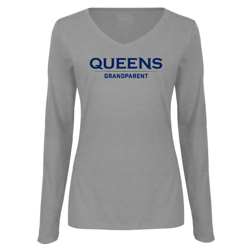  Womens Grey Long Sleeve V Neck Tee  - Queens - Grandparent