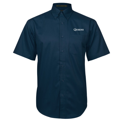  Navy Twill Button Down Short Sleeve - Queens Institutional Wordmark Embroidery