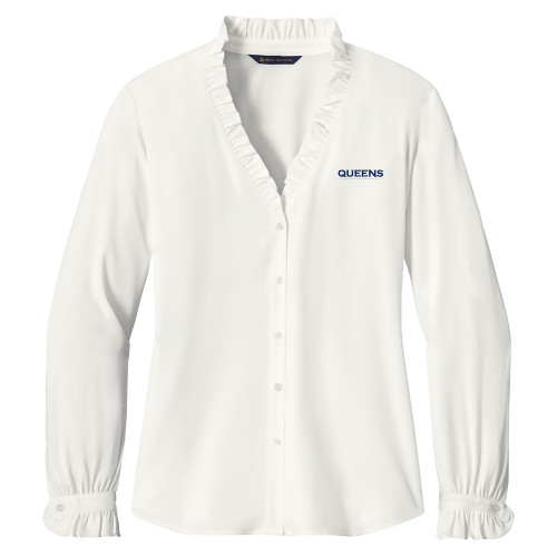  Brooks Brothers Womens Off White Long Sleeve Ruffle Collar Blouse - Queens Athletic Wordmark