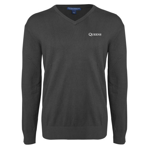  Charcoal Heather VNeck Sweater - Queens Institutional Wordmark Embroidery