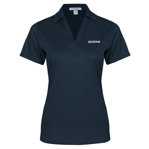  Womens Navy Performance Fine Jacquard Polo - Queens Athletic Wordmark