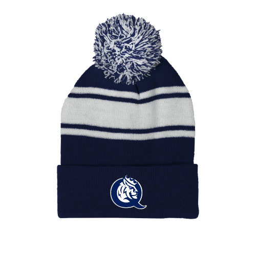 Navy/White Two Tone Knit Pom Beanie w/Cuff - Queens Athletic Mark