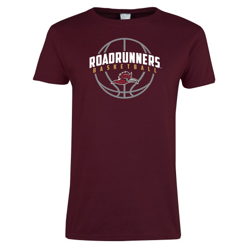  Womens Maroon Short Sleeve Tee - Roadrunners Basketball Arched w/ Ball