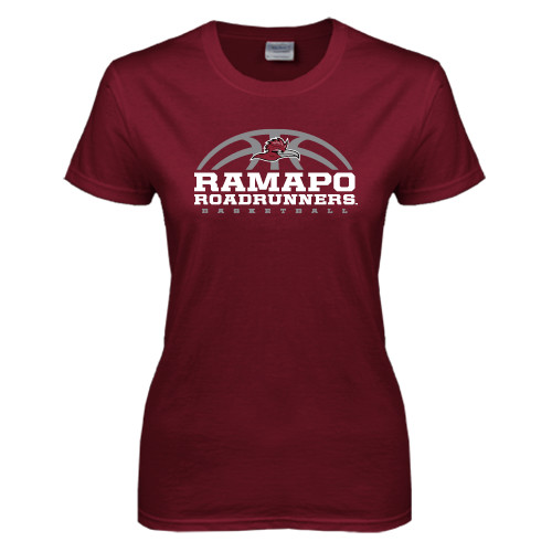  Womens Maroon Short Sleeve Tee - Ramapo Roadrunners Basketball Half Ball