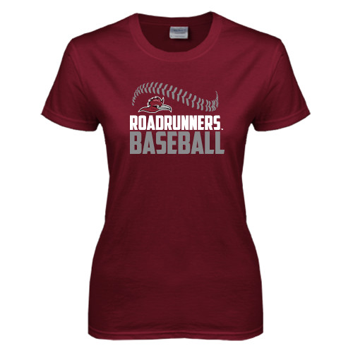  Womens Maroon Short Sleeve Tee - Roadrunners Baseball Stacked Seam