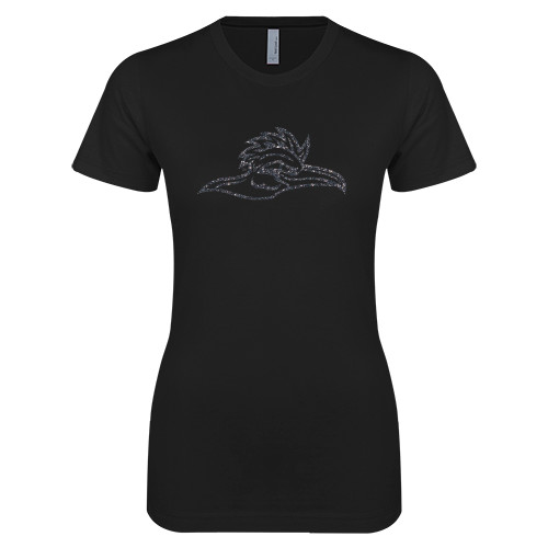  Next Level Womens Black Boyfriend Tee - Roadrunner Head Graphite Glitter