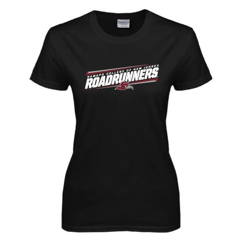  Womens Black Short Sleeve Tee - Roadrunners Stencil Slanted