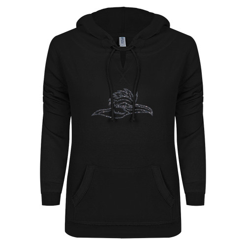  ENZA Womens Black V Notch Raw Edge Fleece Hoodie - Roadrunner Head Graphite Glitter
