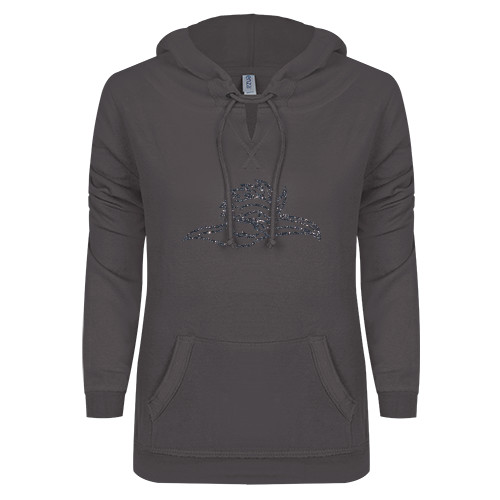 ENZA Womens Dark Heather V Notch Raw Edge Fleece Hoodie - Roadrunner Head Silver Soft Glitter