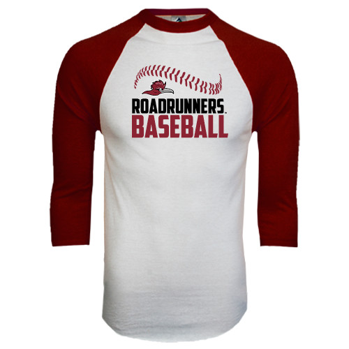  White/Maroon Raglan Baseball T Shirt - Roadrunners Baseball Stacked Seam