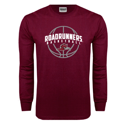  Maroon Long Sleeve T-Shirt - Roadrunners Basketball Arched w/ Ball