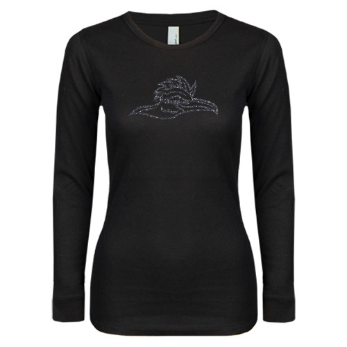  Womens Black Long Sleeve V Neck Tee  - Roadrunner Head Graphite Glitter