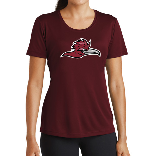  Womens Maroon Performance Short Sleeve Tee - Roadrunner Head