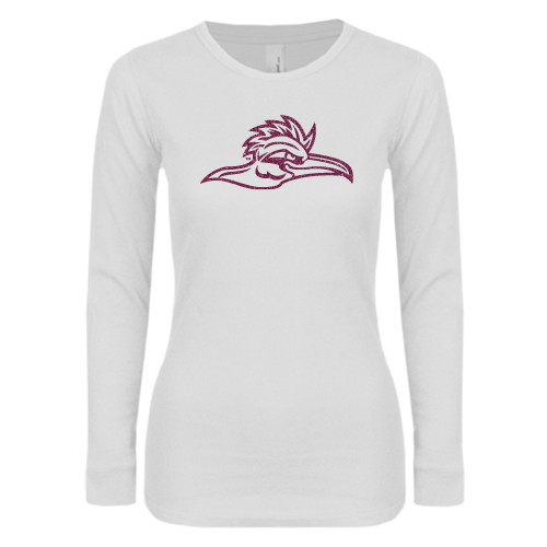  Womens White Long Sleeve V Neck Tee - Roadrunner Head Pink Glitter