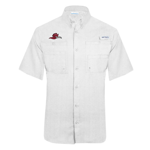  Columbia White Tamiami Performance Short Sleeve Shirt - Roadrunner Head