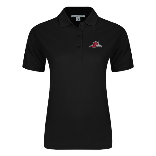  Womens Silk Touch Black Pique Polo - Roadrunner Head