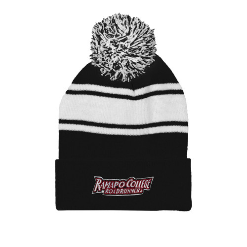  Black/White Two Tone Knit Pom Beanie w/Cuff - Ramapo College Roadrunners Word Mark