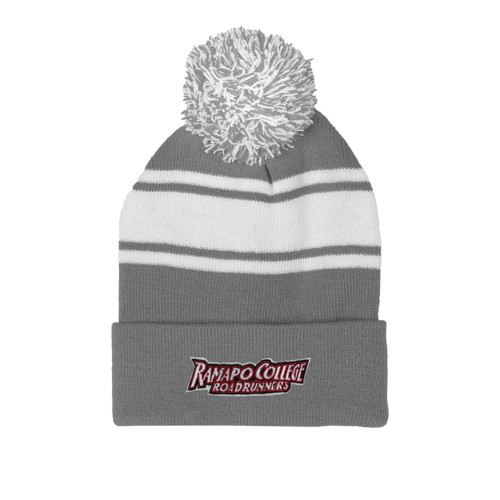  Grey/White Two Tone Knit Pom Beanie w/Cuff - Ramapo College Roadrunners Word Mark