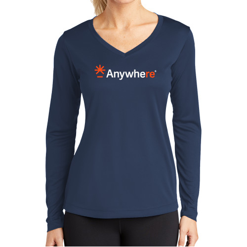  Womens Navy Performance Long Sleeve V Neck Shirt - Anywhere