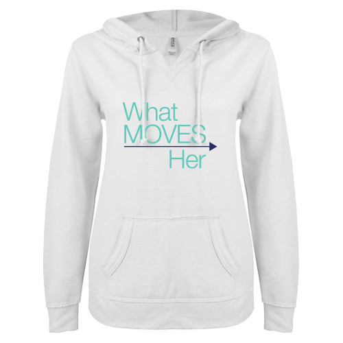  ENZA Womens White V Notch Raw Edge Fleece Hoodie - What Moves Her