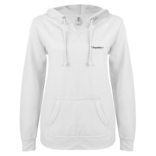  ENZA Womens White V Notch Raw Edge Fleece Hoodie - Anywhere